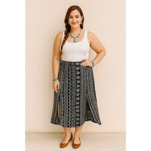 EARTHBOUND Black & White double slit Maxi Skirt elephants boho African print XL